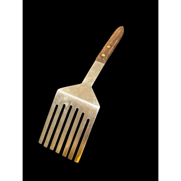 Vintage Slotted Serving Fork Spatula Wooden Handle Stainless 10" Japan *RARE* - Picture 3 of 7